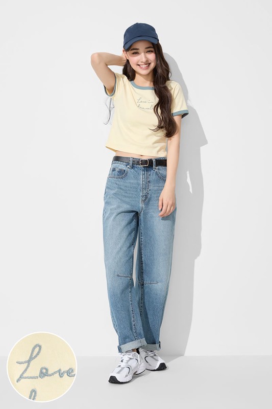 純棉羅紋配色文字電繡T恤-女