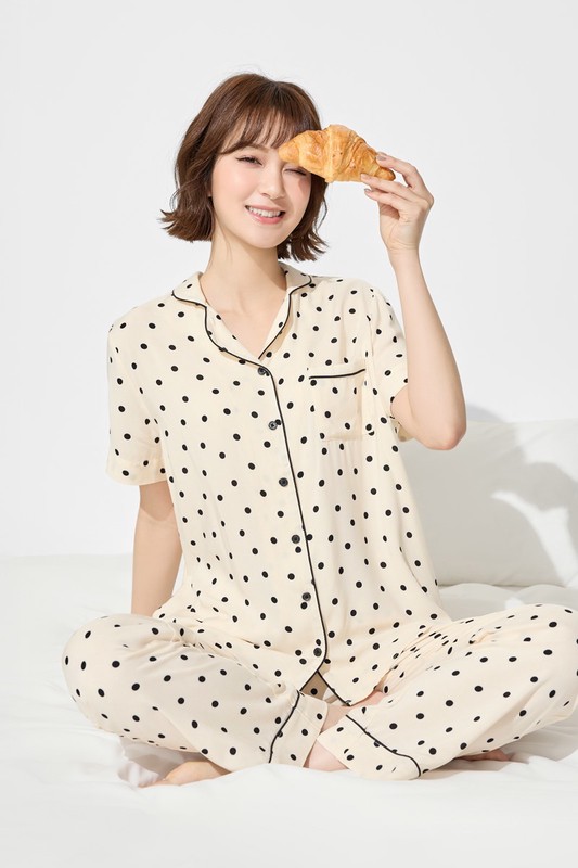 圓點印花嫘縈長褲家居套裝-女