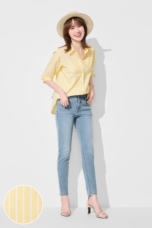 柔棉條紋長袖襯衫-女