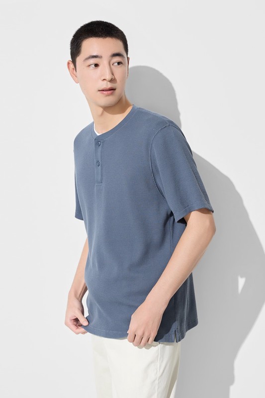 華夫格亨利領寬版T恤-男