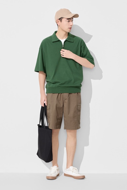 粗紡半開襟五分袖寬版上衣-男