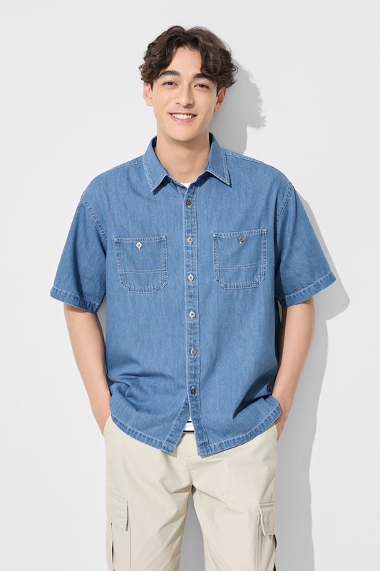牛仔寬版短袖襯衫-男