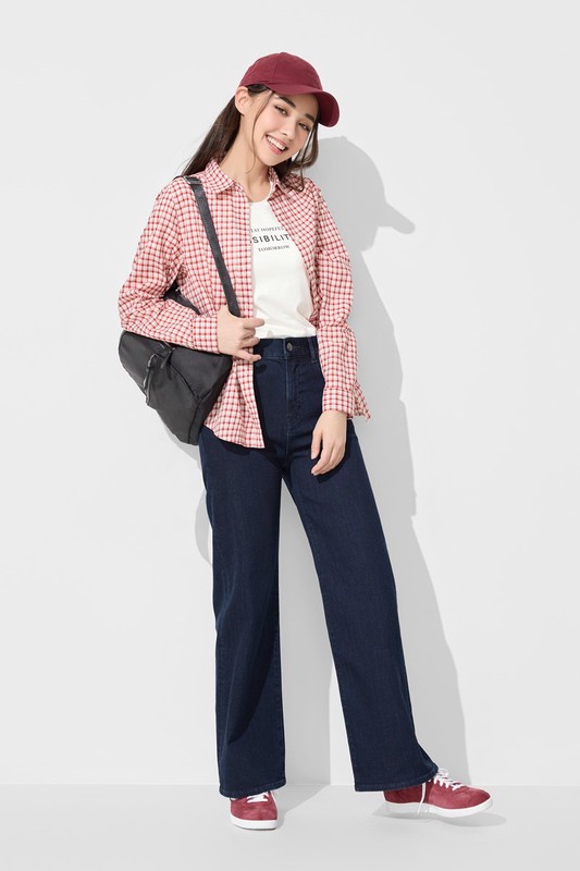 高腰牛仔寬褲-女