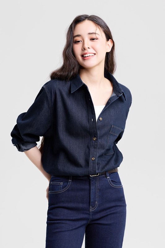 牛仔寬版長袖襯衫-女