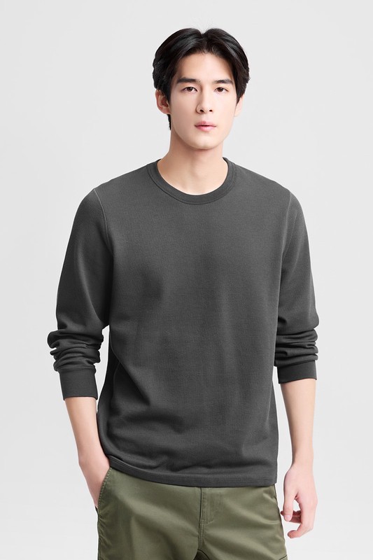 heatup輕磨毛華夫格圓領九分袖上衣-男