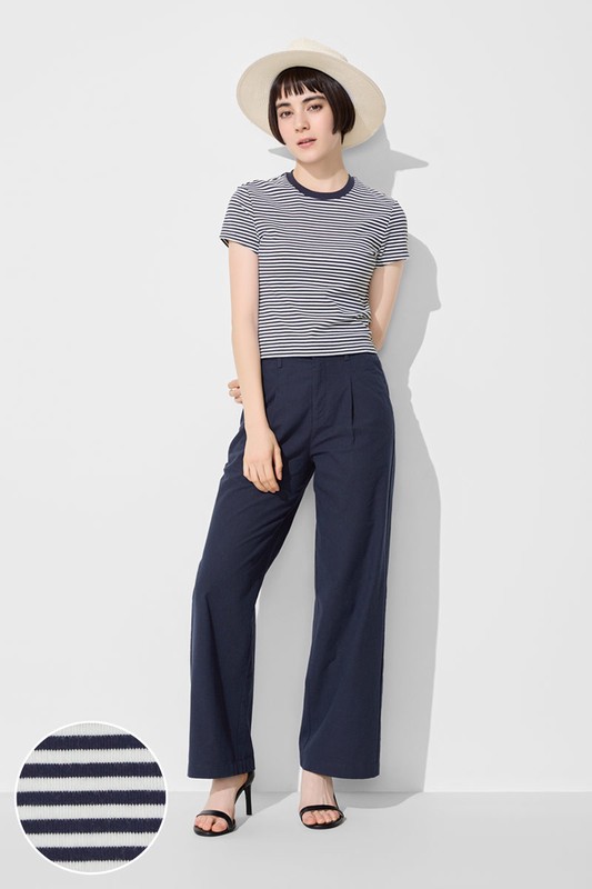 棉質羅紋條紋短版T恤-女