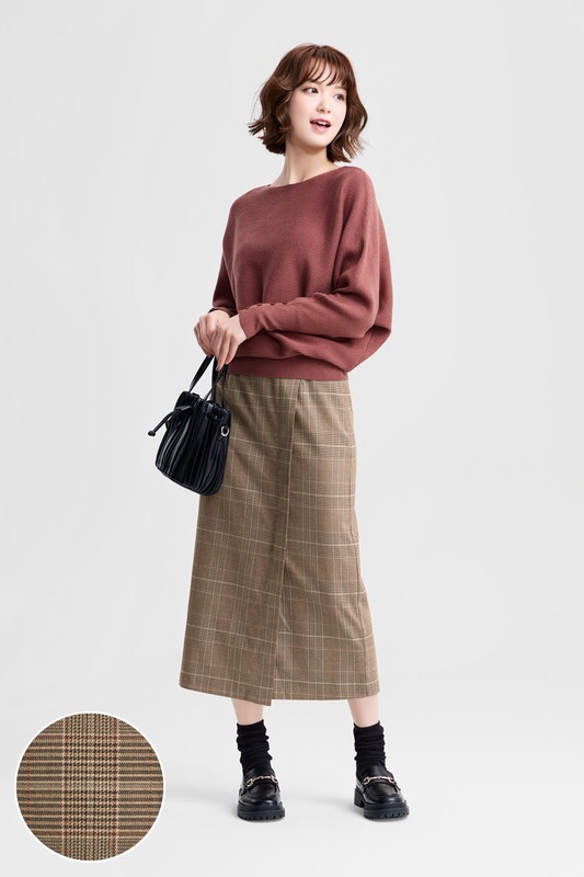鬆緊格紋中長裙-女