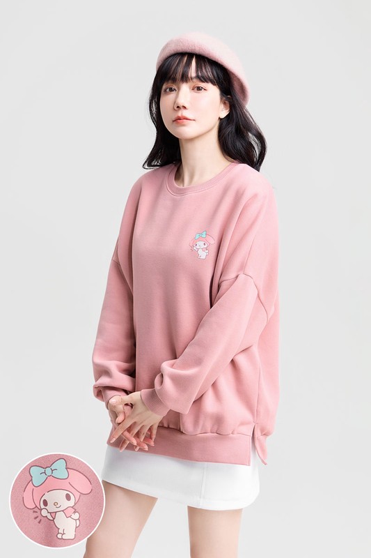 三麗鷗刷毛寬長版印花圓領衫-08-女