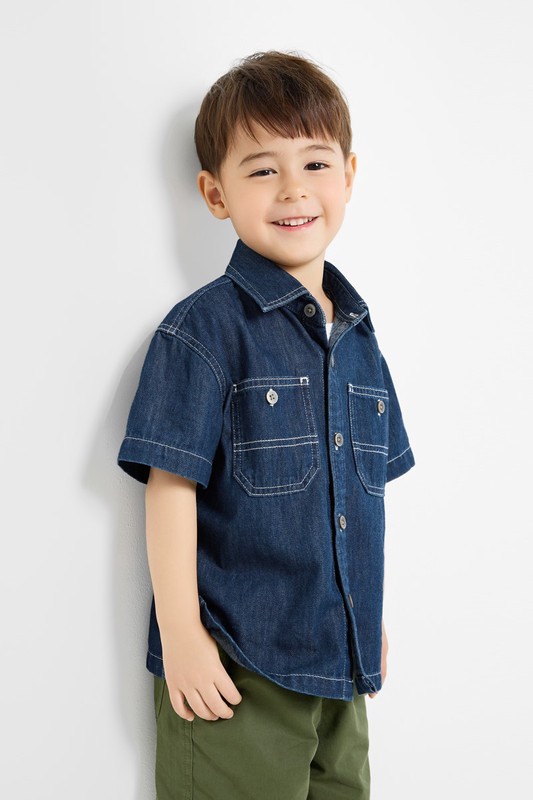 牛仔寬版短袖襯衫-童