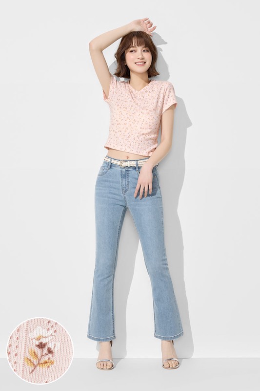 羅紋提花小花短版T恤-女