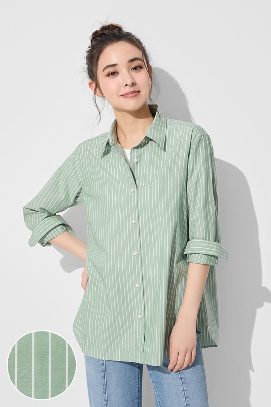 柔棉條紋長袖襯衫-女
