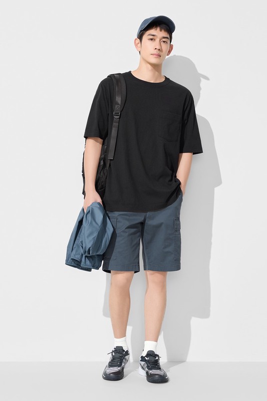 純棉厚寬版口袋五分袖T恤-男