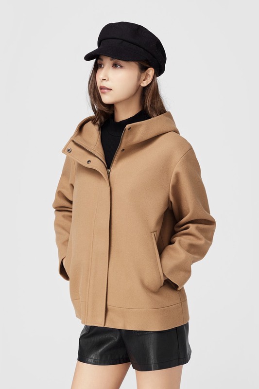 仿毛呢連帽短大衣-女