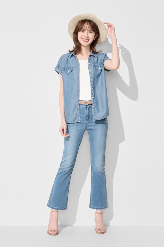 輕薄牛仔短袖襯衫-女