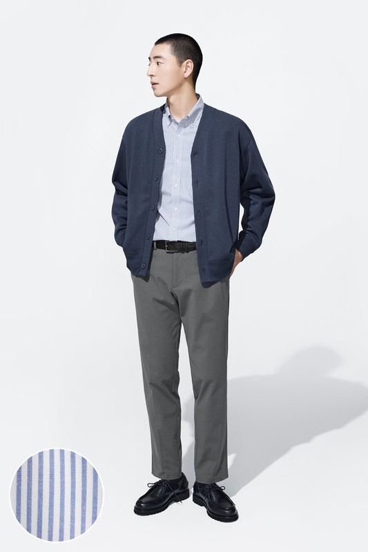商務彈性條紋長袖襯衫-男