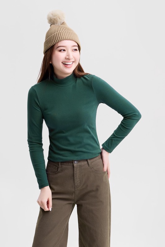 磨毛羅紋立領長袖T恤-女