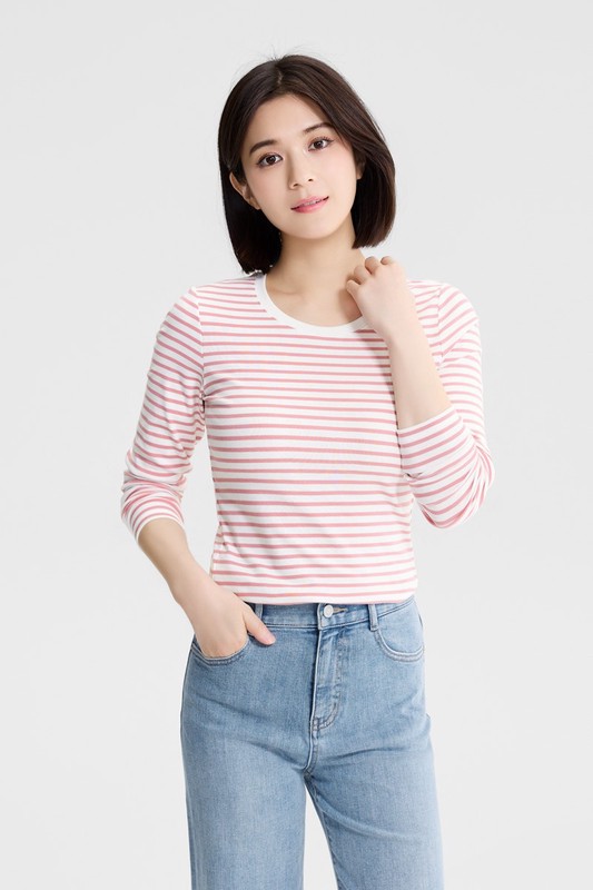 棉質羅紋條紋長袖T恤-女