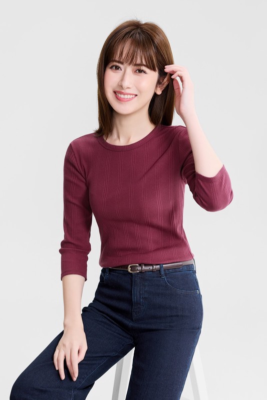 羅紋圓領七分袖T恤-女