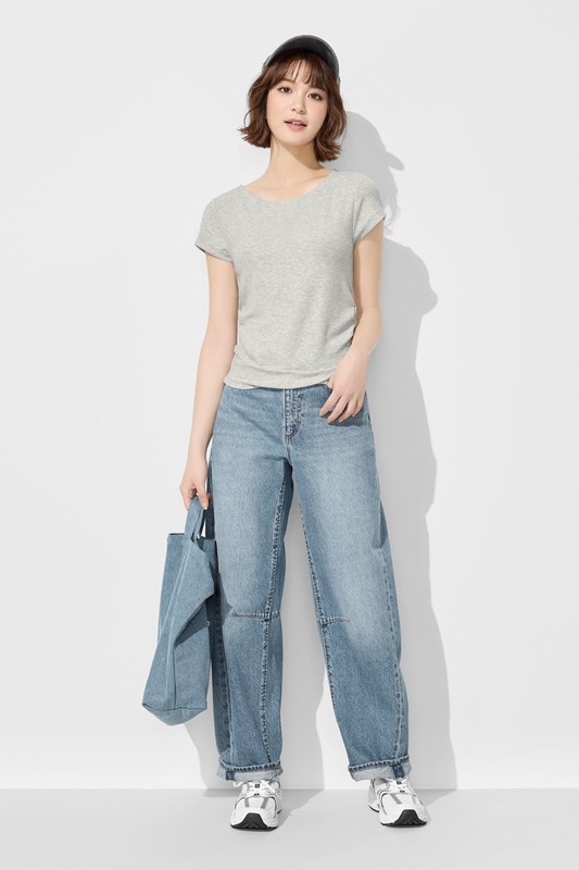 輕柔彈力寬領抽皺T恤-女