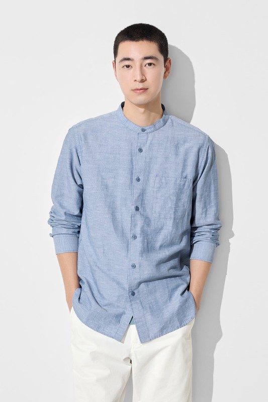 棉麻立領長袖襯衫-男