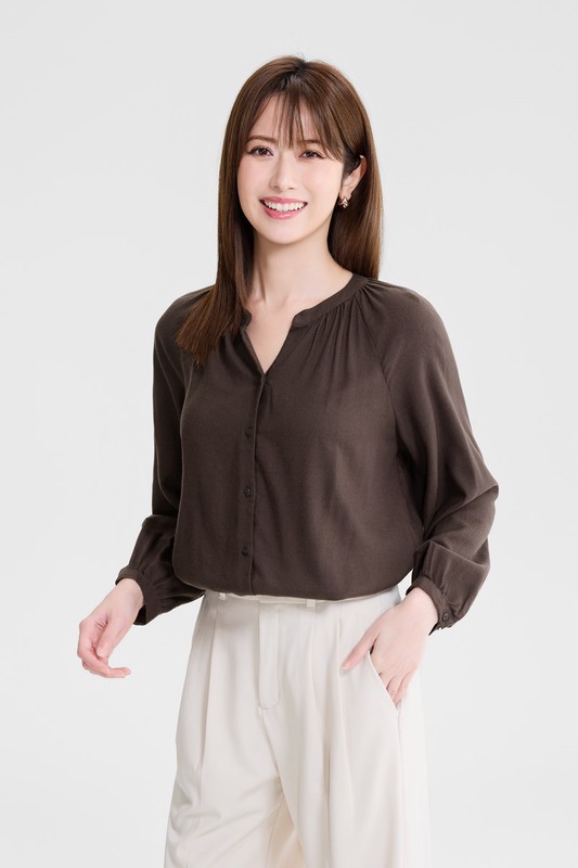 柔軟法蘭絨抓皺長袖上衣-女