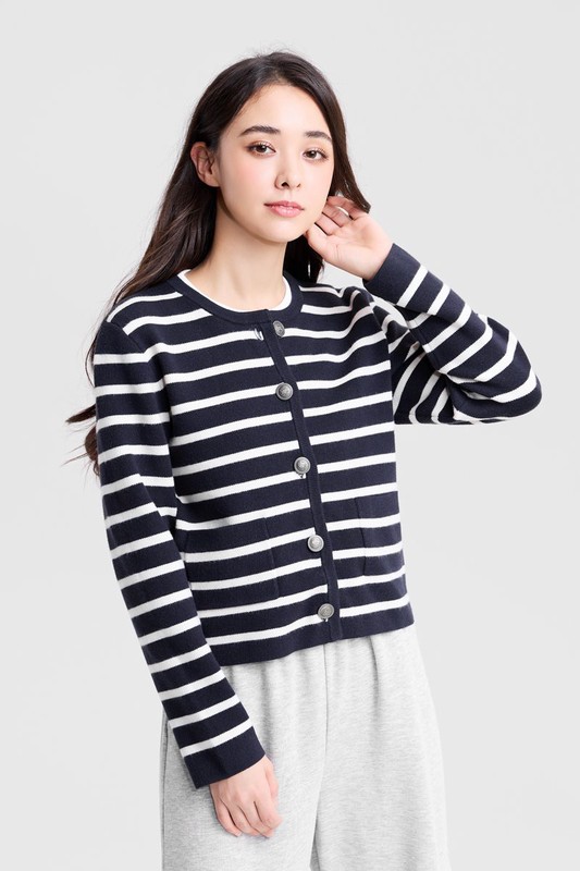 條紋寬版圓領針織外套-女