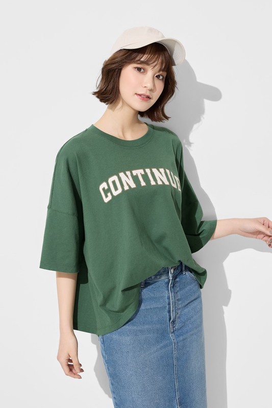 純棉寬版文字印花落肩T恤-女