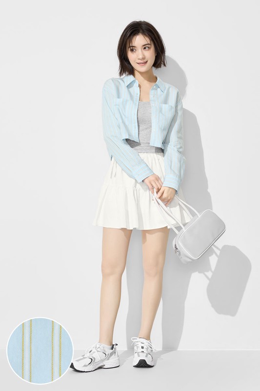 輕柔條紋短版長袖襯衫-女
