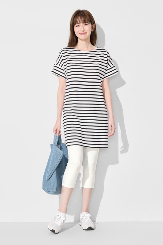 柔滑棉條紋寬鬆洋裝-女