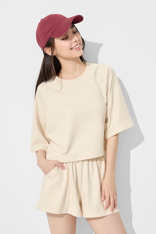 毛圈寬鬆短版五分袖T恤-女