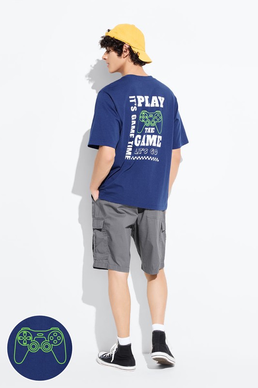 電玩寬版印花T恤-男