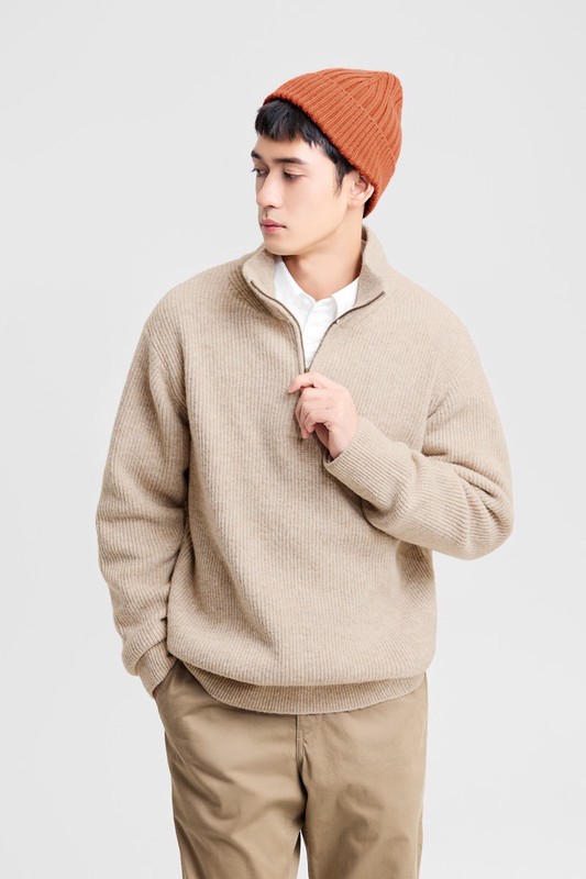 粗針混紡半開襟毛衣-男