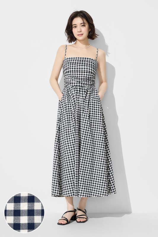 平口可拆式細肩帶格紋洋裝-女