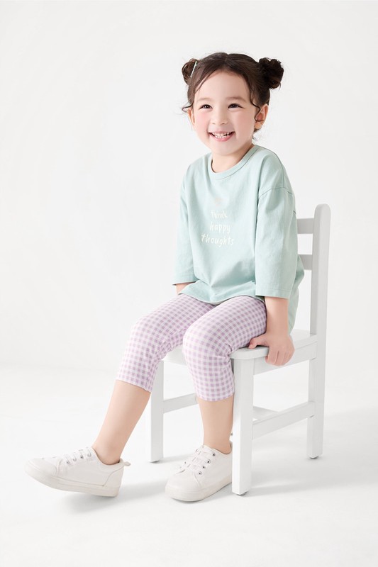 彈力格紋七分內搭褲-童