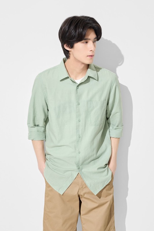 棉麻長袖襯衫-男