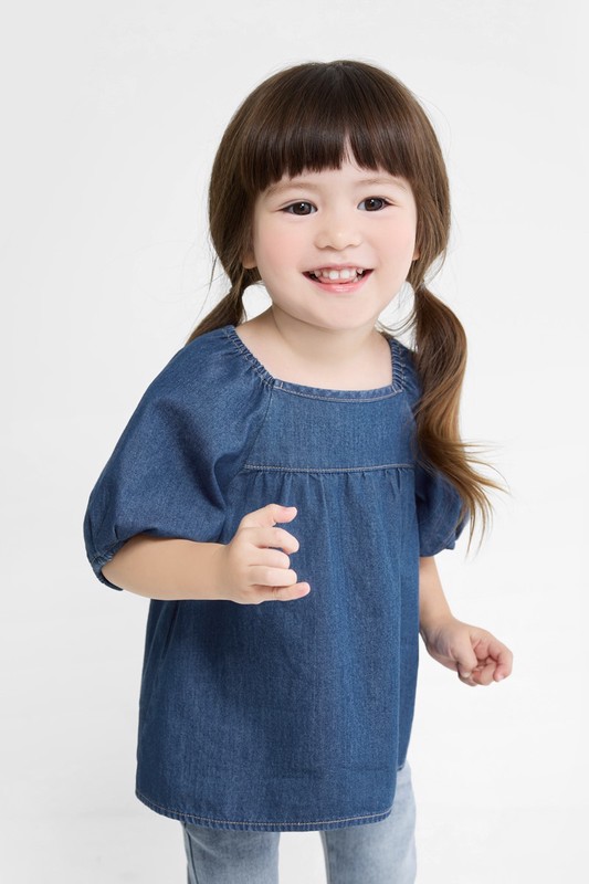 牛仔泡泡袖上衣-童