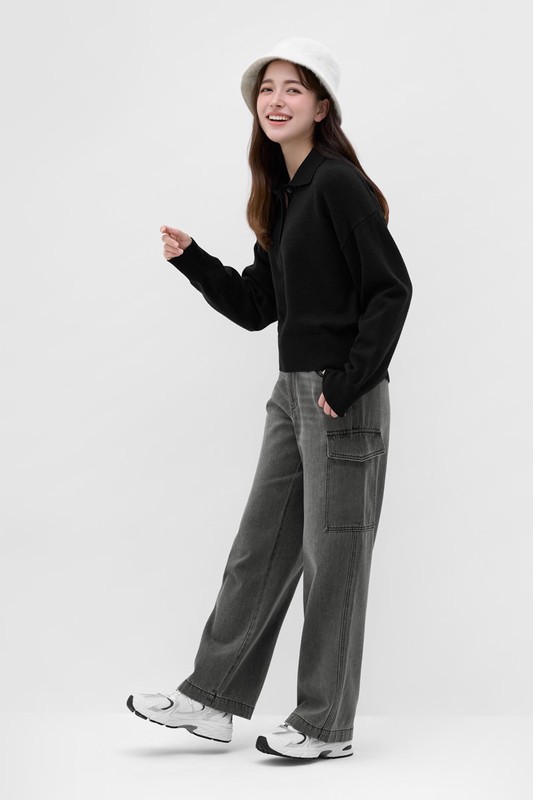 工裝牛仔寬褲-女