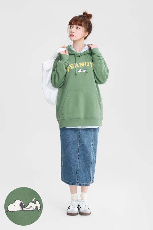 史努比系列毛圈寬長版印花連帽衫-09-女