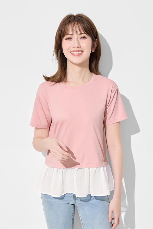 柔滑棉寬鬆雪紡拼接上衣-女