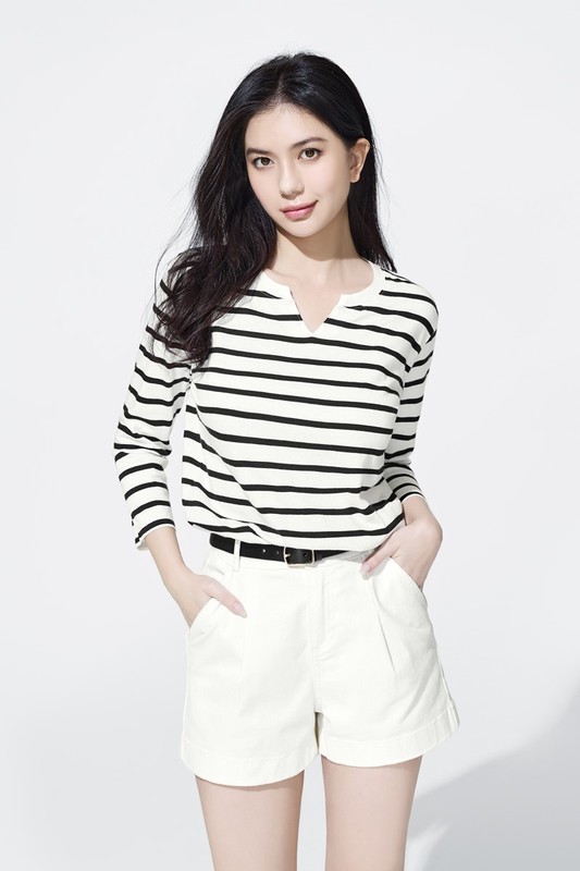 純棉條紋V領八分袖T恤-女