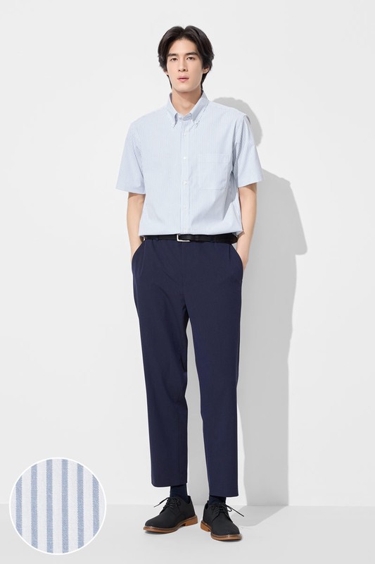 商務彈性條紋短袖襯衫-男