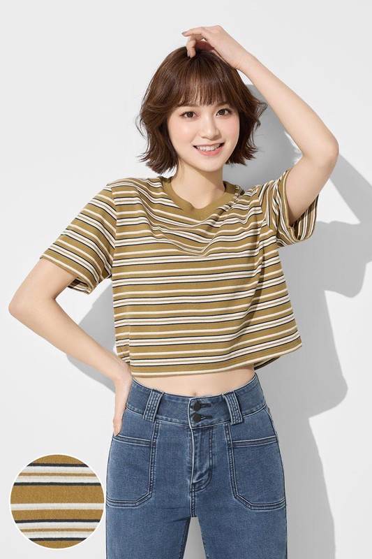 純棉短版條紋T恤-女