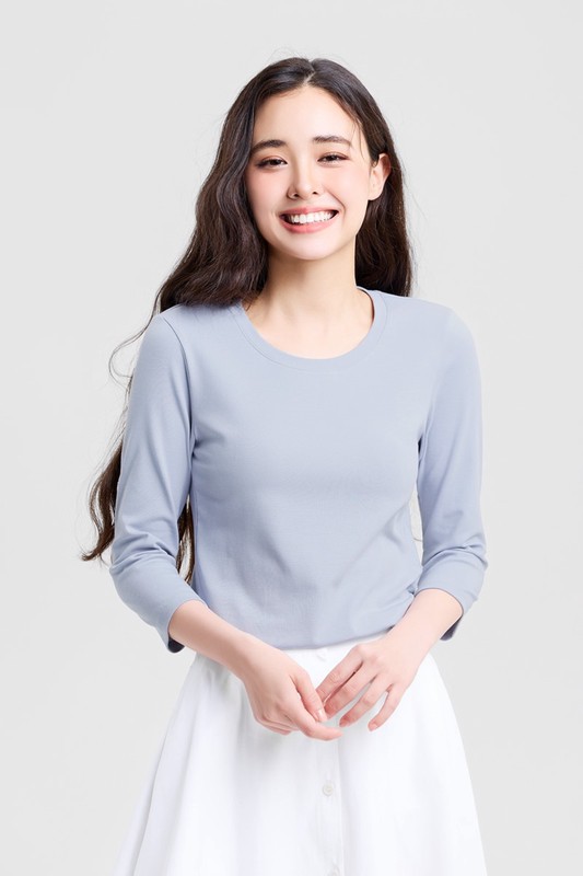 棉質羅紋圓領七分袖T恤-女
