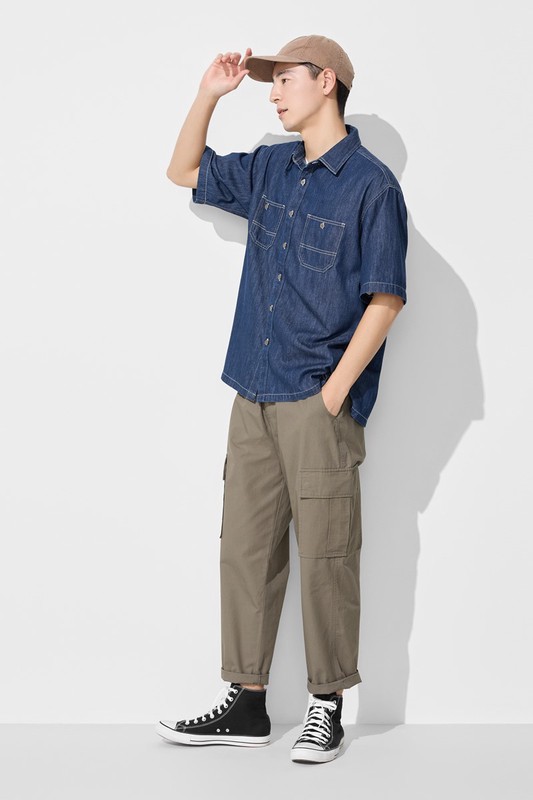 牛仔寬版短袖襯衫-男