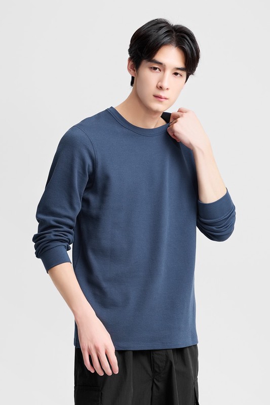 heatup輕磨毛華夫格圓領九分袖上衣-男