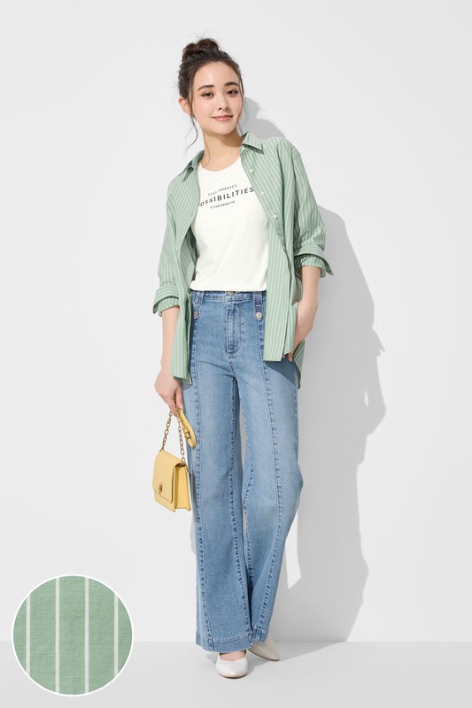 柔棉條紋長袖襯衫-女