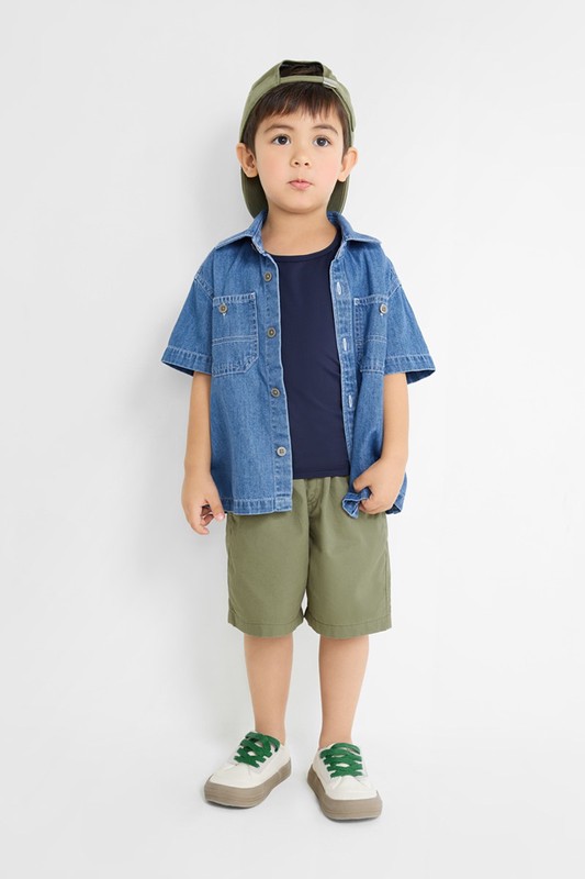牛仔寬版短袖襯衫-童