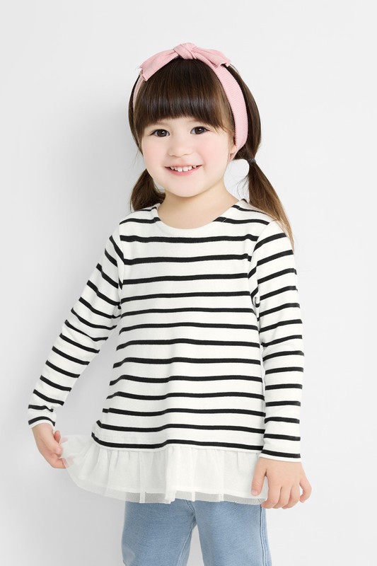 棉質羅紋條紋拼接上衣-童