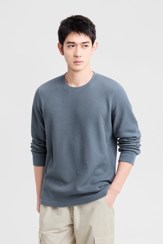 華夫格圓領長袖T恤-男