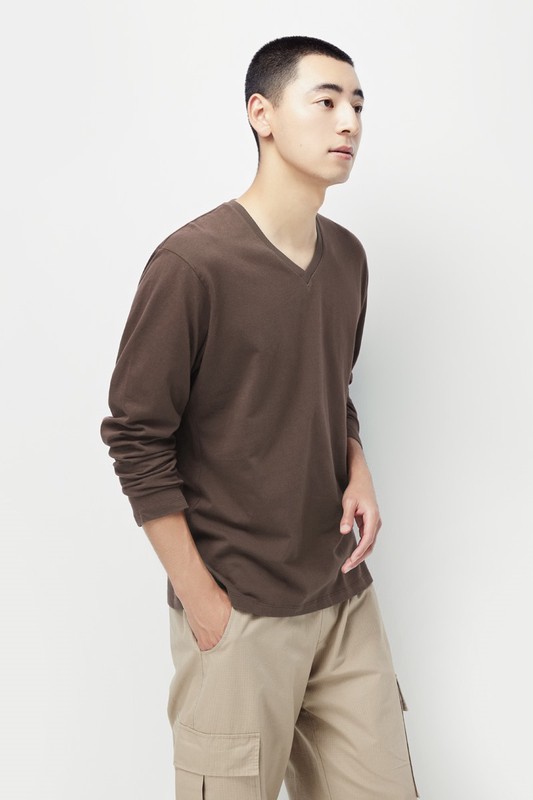 純棉V領長袖T恤-男